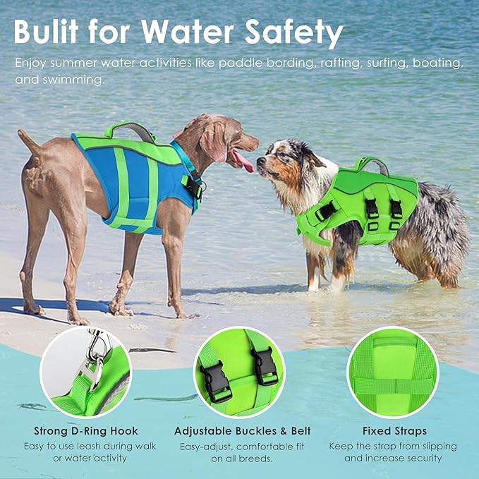 Dog Life Jacket, High Buoyancy Dog Life Vest with Handle for Swimming Boating, Adjustable Swimming Vest with Reflective Trim for Small Medium Large Dogs - Green, M