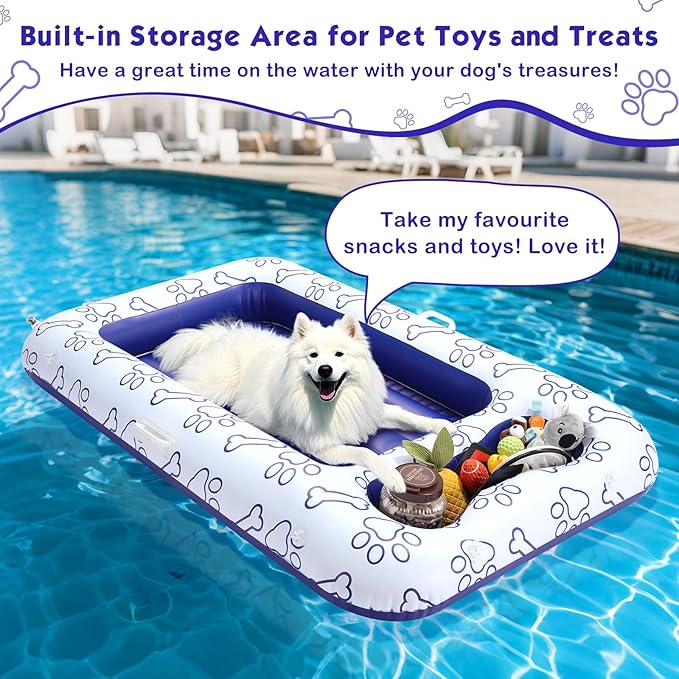 MoKo Dog Pool Float, 59 x 35 Inch Pool Floats for Small, Medium and Large Dogs, Floating Bed with Built-in Storage Area for Pet Toys and Food, Inflatable Dog Pool Float for Lake Camp, Blue Bone Claw