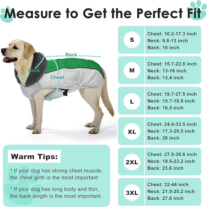 Dog Coat, Waterproof Ripstop Dog Winter Jacket with Leash Hole, Reflective Adjustable Warm Pet Fleece Snow Sweater for Small Medium Large Dogs - Green, S