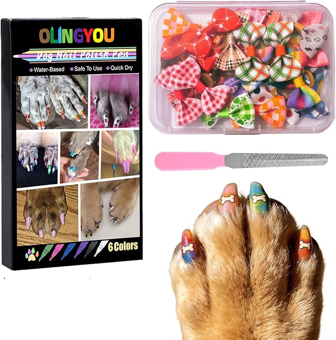 Dog Nail Art Pens,Nail Art Markers for Dog-6 Colors & 20 Pcs Dog Bowknot Hair Bows, DIY Nails for Pet, Dog Safe Nail Polish Non Toxic, Odorless, Easy to Apply