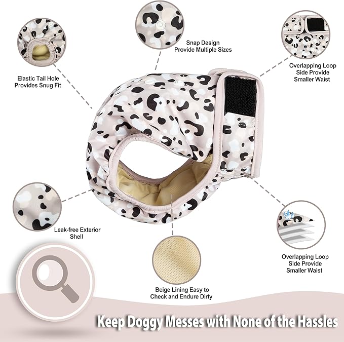 Langsprit Washable Female Dog Diapers - Doggie Reusable Diapers for Doggy Puppy Female in Period - Highly Absorbent Dog Heat Panties Leopard XXL