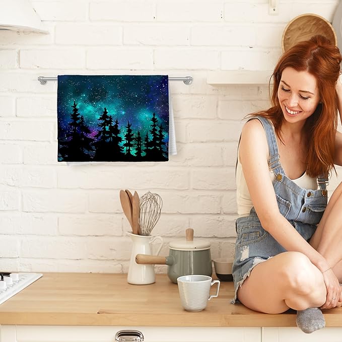 Forest Decor Kitchen Towel&Starry Night Sky Forest Decorative Hand Towels, Forest Bathroom Towels&Forest Decor Dish Towels Tea Towels for Kitchen, 16x24 Inches