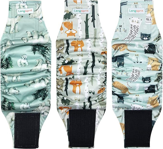 Langsprit Male Belly Bands for Dogs (Pack of 3) - High Absorbing Dog Wraps Male Washable - Reusable Dog Diapers (Fox,Cat,Polar Bear, Small)