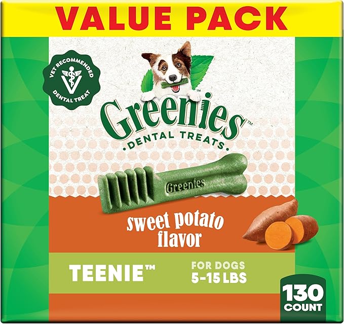 Greenies Dog Treats Veterinarian-Recommended Natural Dental Treats for Dogs, Teenie Size, Sweet Potato Flavor, 36 oz. Pack, 130 Count