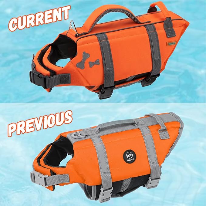 EMUST Dog Life Jacket, Lightweight Dog Life Vests with Rescue Handle for Small Medium and Large Dogs, Pet Safety Swimsuit Preserver for Swimming Pool Beach Boating, 2XL, NewOrange