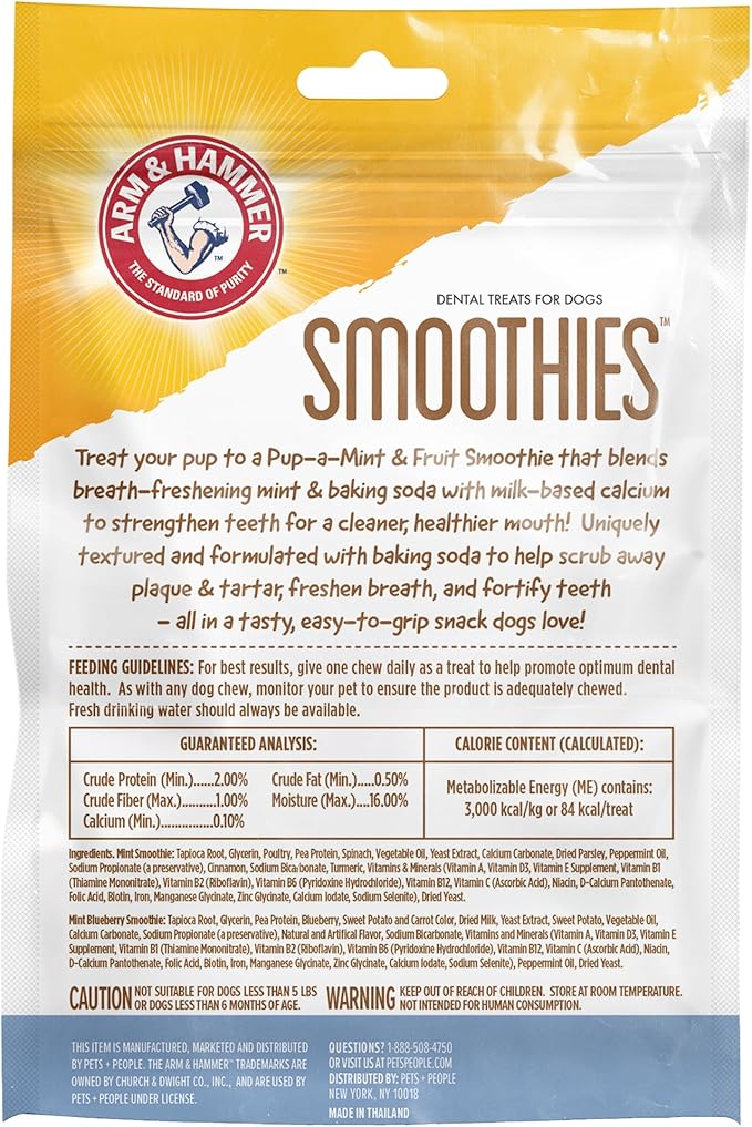 Arm & Hammer for Pets Smoothies Dental Treats for Dogs with Baking Soda and Calcium, Treat Chews Help Fight Bad Breath, Plaque & Tartar, Mint Blueberry & Mint, 8 Pcs
