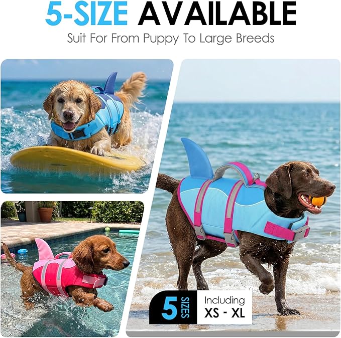 AOFITEE Dog Life Jacket, Shark Dog Life Vest for Swimming Boating, Reflective High Flotation Small Dogs Lifesaver, Ripstop Pet Swim Vest Swimsuit with Rescue Handle for Small Medium Large Dogs, S