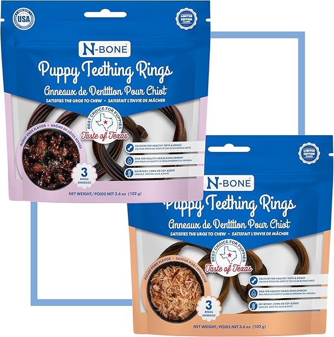 N-Bone Puppy Teething Rings Texas BBQ 3 Count Bag Variety Pack, Burnt Ends & Pulled Pork Flavor, Total 2 Bags, 7.2-oz, 6 Rings