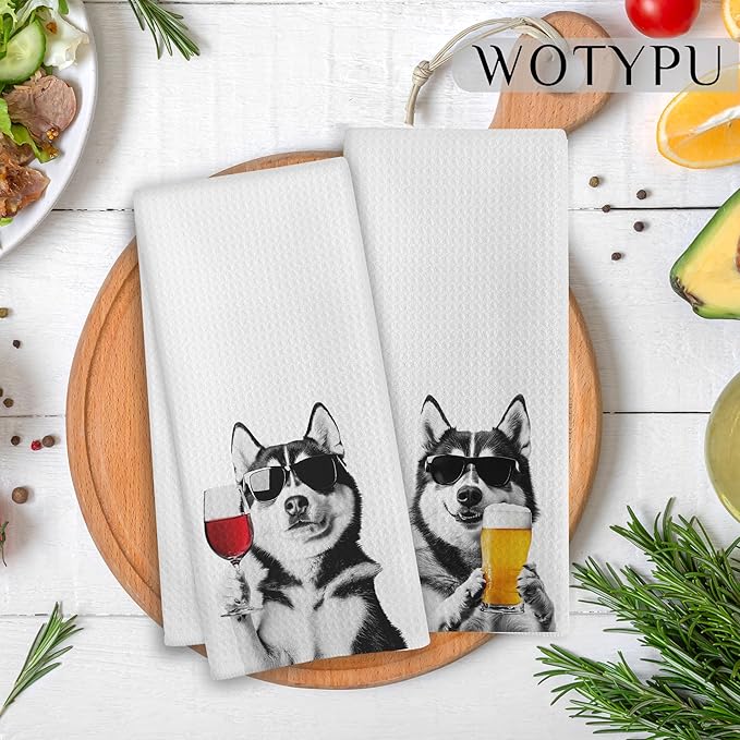 Funny Siberian Husky Kitchen Bar Towels, Gifts for Husky Lovers, Wine Beer Lovers Gifts Decorative Hand Towels for Kitchen Bar Cart Decor, 16x24 Inch Set of 2