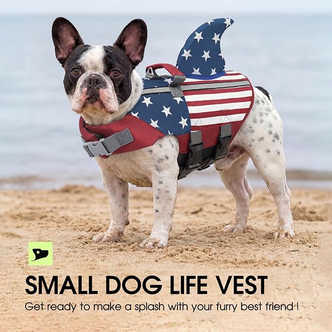 SUNFURA Dog Life Jacket Shark Life Vest for Dogs, Adjustable Swmming Vest with High Buoyancy, Safety Lifesaver with Rescue Handle for French Bulldog Small Medium Breeds, USA Flag XS