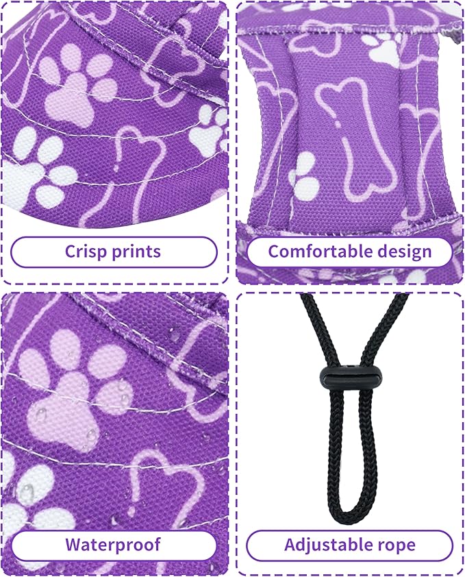 PET SHOW Dog Baseball Cap Paw Print Dog Visors for Small Doggy Cats Waterproof Pet Sun Hats with Ear Holes Adjustable Drawstring Girl Puppy Hat -Purple/XXS