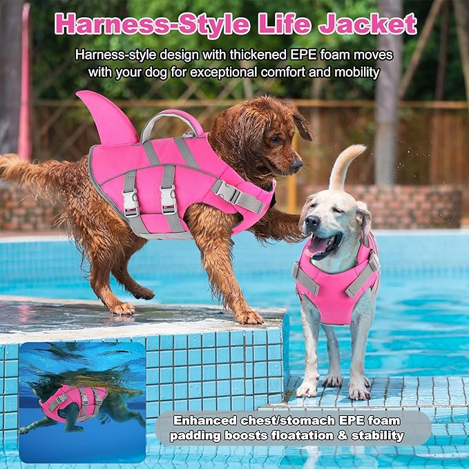 Dogcheer Shark Fin Dog Life Jacket, Adjustable Dog Harness Life Vest for Swimming Boating, Reflective Puppy Swim Vest Pet Flotation Device for Small Medium Large Dogs -Pink, M