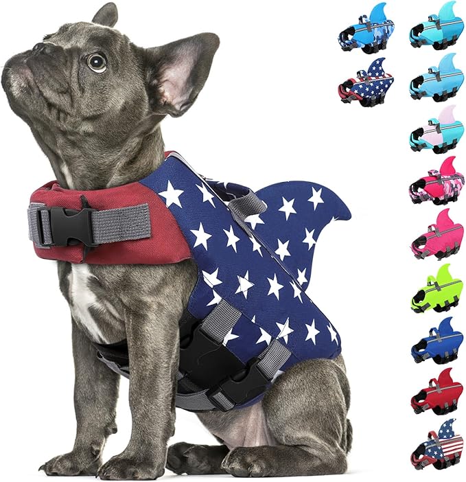 SUNFURA Dog Life Jacket Shark Life Vest for Dogs, Adjustable Swmming Vest with High Buoyancy, Safety Lifesaver with Rescue Handle for French Bulldog Small Medium Breeds, USAFlag2 M