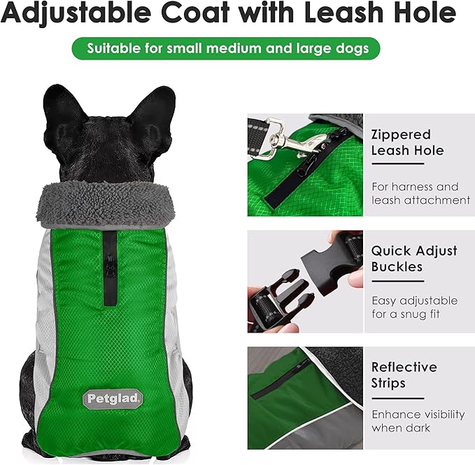 Dog Coat, Waterproof Ripstop Dog Winter Jacket with Leash Hole, Reflective Adjustable Warm Pet Fleece Snow Sweater for Small Medium Large Dogs - Green, XL
