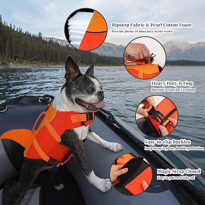 Dogcheer Dog Life Jacket, Cute Shark Dog Life Vest for Swimming Boating with Superior Buoyancy & Rescue Handle, Adjustable Puppy Floating Swim Vest for Small Medium Large Dogs - Orange, S