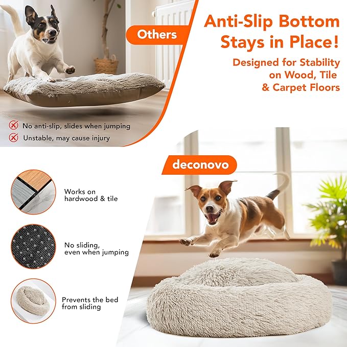 Deconovo Calming Donut Dog Bed, Washable Plush Round Pet Bed for Small Dogs & Cats with Raised Rim, Non-Slip Base and Soft Faux Fur—Lightweight, Easy-Care Design Camel 21" L x 21" W x 8" Th
