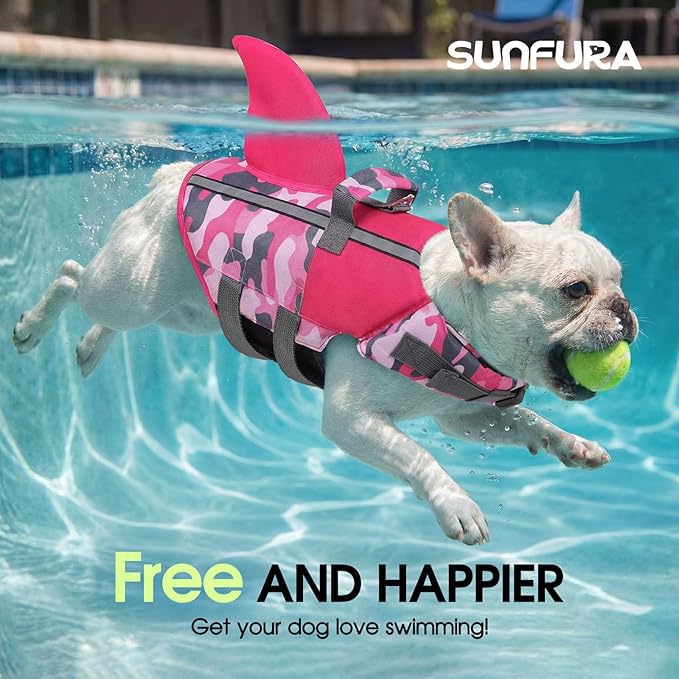 SUNFURA Dog Life Jacket Shark Life Vest for Dogs, Adjustable Swmming Vest with High Buoyancy, Safety Lifesaver with Rescue Handle for French Bulldog Small Medium Breeds, PinkCamo XS