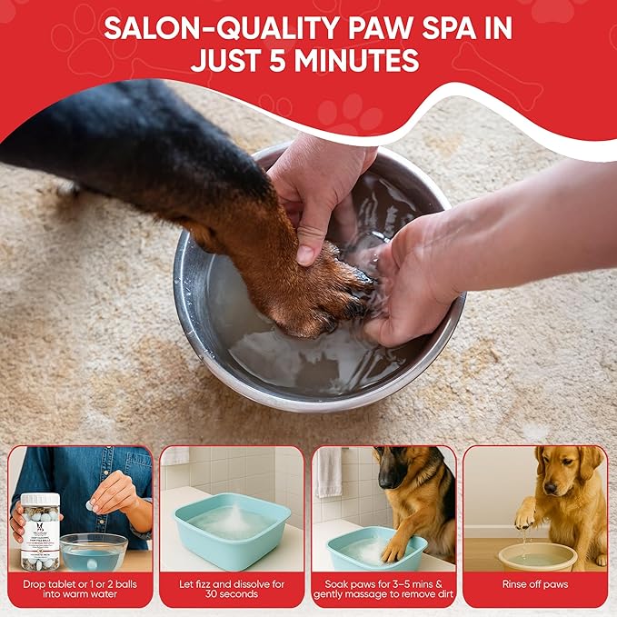 Warren London Deep Cleaning Paw Soak for Dogs – 75 Count Fizz Balls | Made with Tea Tree Oil, Aloe & Seaweed | Stops Licking & Promotes Healthy Pads | 5-Minute at-Home Spa Treatment