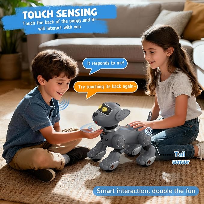 PRANITE Robot Dog, Remote Control Programmable Smart Toy with Touch and Music Interaction, Follow Mode, Interactive Puppy Gift for Kids [Gray]