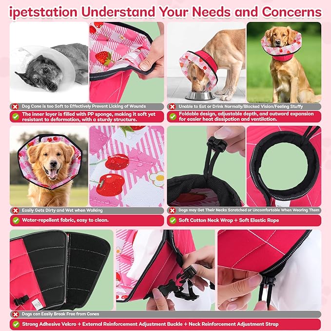 Dog Cone Soft Surgery Dog Cone Collar - Adjustable Long Foldable Comfortable for Recovery Alternative Prevent Biting Stop Licking Wound Small Medium Large Dogs (Strawberry Red, M)