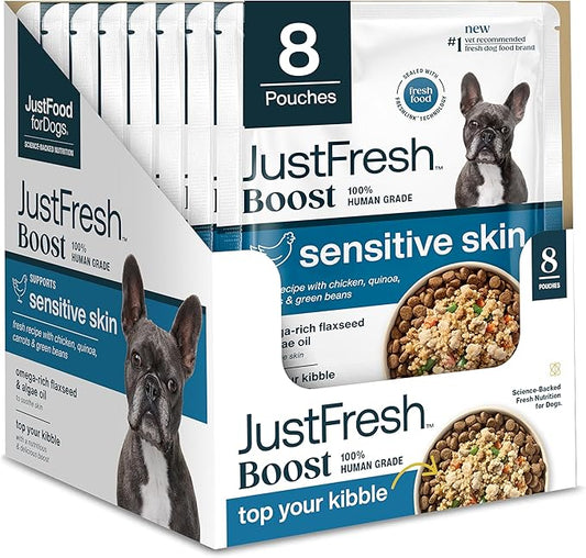 JustFoodForDogs JustFresh Boost Sensitive Skin Dog Food Topper for Immune Support and Healthy Coat, Human-Grade Fresh Pet Meal Booster, 8 oz Pouches - 8 Pack