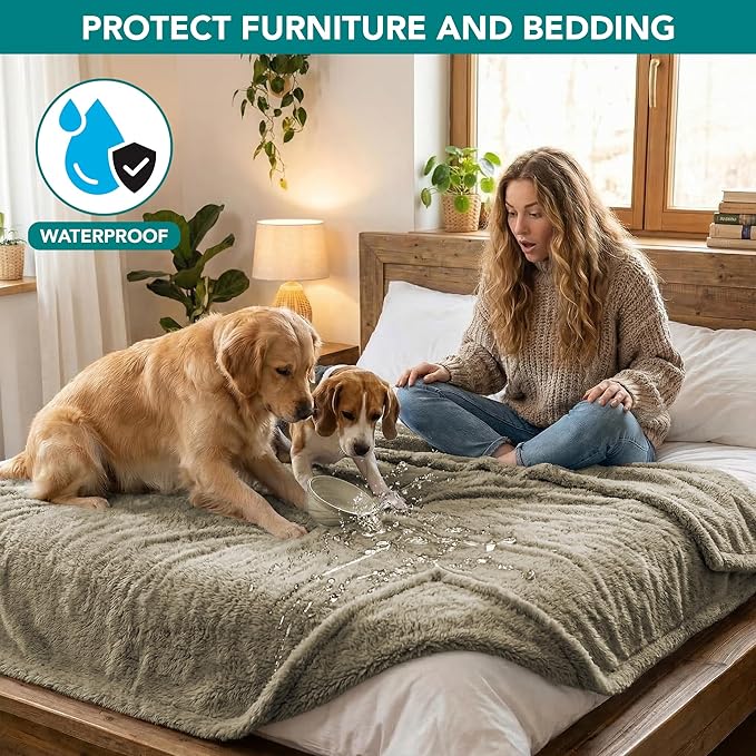 PetAmi Fluffy Waterproof Dog Blanket for Medium Large Dogs, Soft Warm Pet Sherpa Throw Pee Proof Couch Cover, Reversible Cat Bed Blanket Sofa Protector, Plush Washable Pad (Taupe Camel, 40x60)