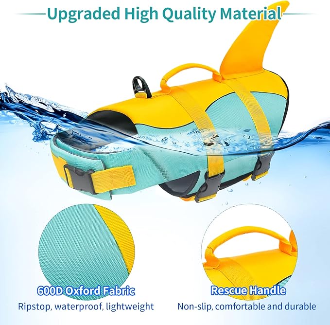 Malier Dog Life Jacket, Ripstop Dog Life Vest with High Buoyancy for Swimming Boating, High Visibility Shark Puupy Lifesaver for Small Medium Large Dogs (X-Large)