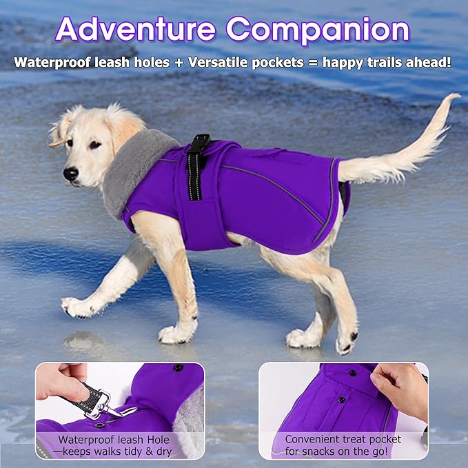 Dogcheer Dog Coat with Pocket, Waterproof Dog Jacket with Adjustable Buckle, Reflective Puppy Winter Coat Warm Turtleneck Fleece SnowJacket for Small Medium Large Dogs - Purple 2XL