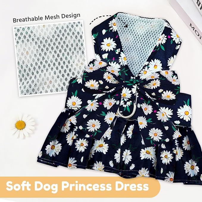BAEJMJK Dog Dress Bowknot Harness Leash Set for Small Dogs Cats Daisy Floral Girl Dog Dresses Cute Puppy Princess Clothes Pet Doggy Outfits Spring Summer Breathable Dresses (Large, Navy Blue)
