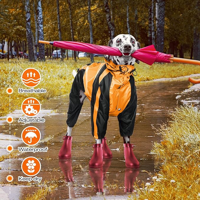 Dog Raincoat, Waterproof Dog Rain Coats for Large Dogs, Lightweight Rain Jacket, Adjustable 4 Legs Pet Poncho with Hood, Snow-Proof Dog Vest Rainwear, Rain Clothes Apparel with Leash Hole