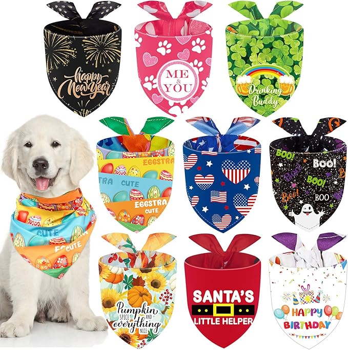 Weewooday 9 Pcs Holiday Dog Bandanas Easter Bandanas Patriotic Birthday Scarf Adjustable Large Pet Washable Scarves for Large Dog Supply(Classic Pattern)