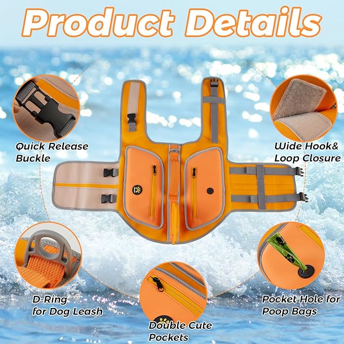 Dog Life Jacket Shark, Good Visibility Dog Life Vest for Swimming Boating, Reflective & Adjustable Pet Swim Floating Vest with High Buoyancy for Small Medium Large Dogs (Orange, X-Large)