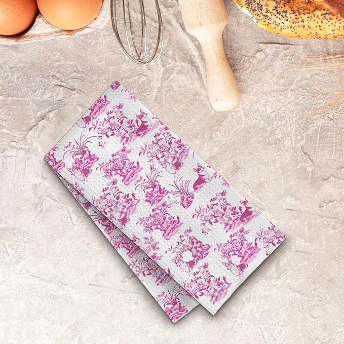 Chinoiserie Pink Corgi Kitchen Towels,Corgi Gifts for Corgi Lovers Dish Tea Towels for Kitchen Decor,Pink Corgi Decorative Hand Towels for Bathroom, 16x24 Inches