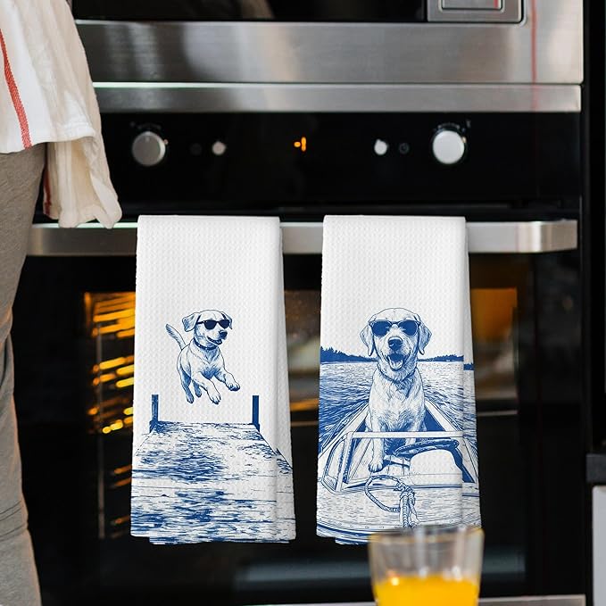 Lake House Decor Labrador Kitchen Towels Set of 2, Summer Funny Lake Dog Coastal Bathroom Hand Towel, Dog Lover Gifts Tea Towel Dish Towels 16x24 Inch