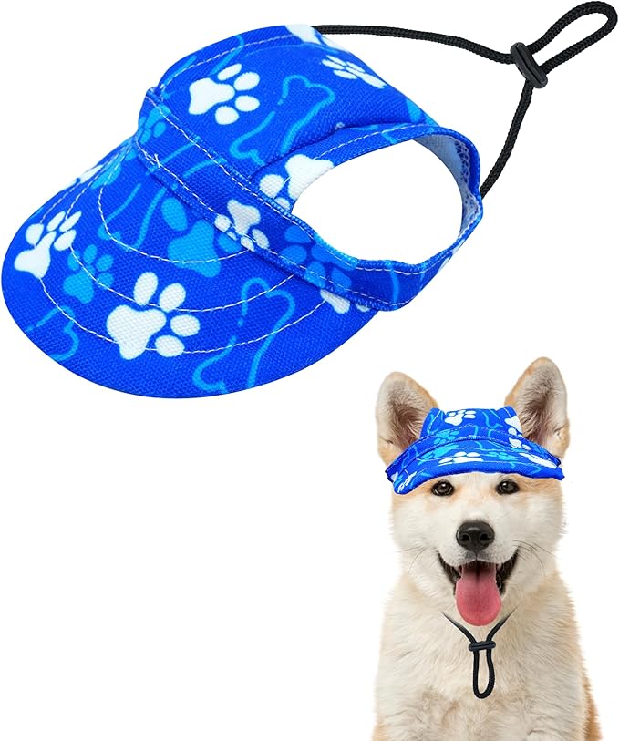 PET SHOW Dog Baseball Cap Paw Print Dog Visors for Small Doggy Cats Waterproof Pet Sun Hats with Ear Holes Adjustable Drawstring Boy Puppy Hat - Royal Blue/XXS