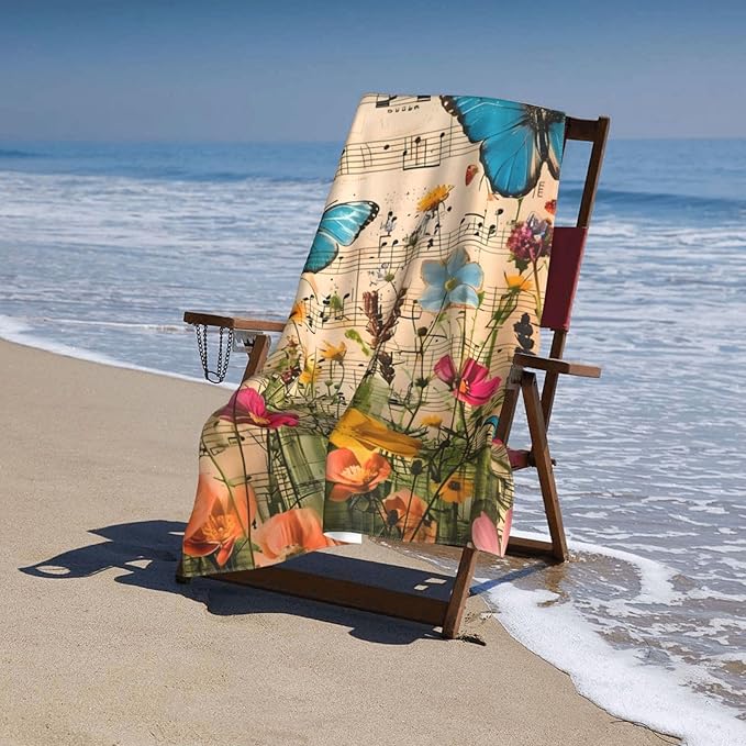Butterfly and Music Beach Towel 31inx51in, Floral and Musical Sand-Free Microfiber Bath Towel Ultra Soft Quick Dry Pool Towel Absorbent Towel Lightweight Towel for Swimming Bathroom Decor