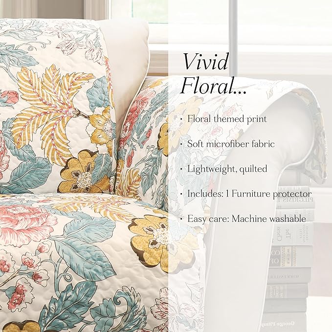 Lush Decor Sydney Furniture Protector, Couch Cover, 116" W x 75" L, Blue & Yellow - Flower Leaf Garden - Quilted Floral Sofa Cover - Country Cottage Slipcover - Pet Couch Covers
