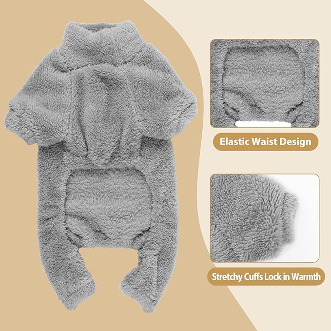Fuzzy Pajamas Turtleneck Dog Clothes Warm Soft Cozy Lightweight Dog Pjs Sweaters for Small Dogs (Grey-XXS)