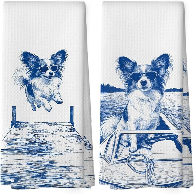 Lake House Decor Papillon Kitchen Towels Set of 2, Summer Funny Lake Dog Coastal Bathroom Hand Towel, Dog Lover Gifts Tea Towel Dish Towels 16x24 Inch
