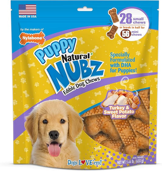 Nylabone Nubz Natural Dog Chew Treats for Puppies, Long Lasting Dog Bones Made in USA, Puppy Training Treats, Turkey & Sweet Potato Flavor, for Puppies Up to 25 lbs. (28 Count)