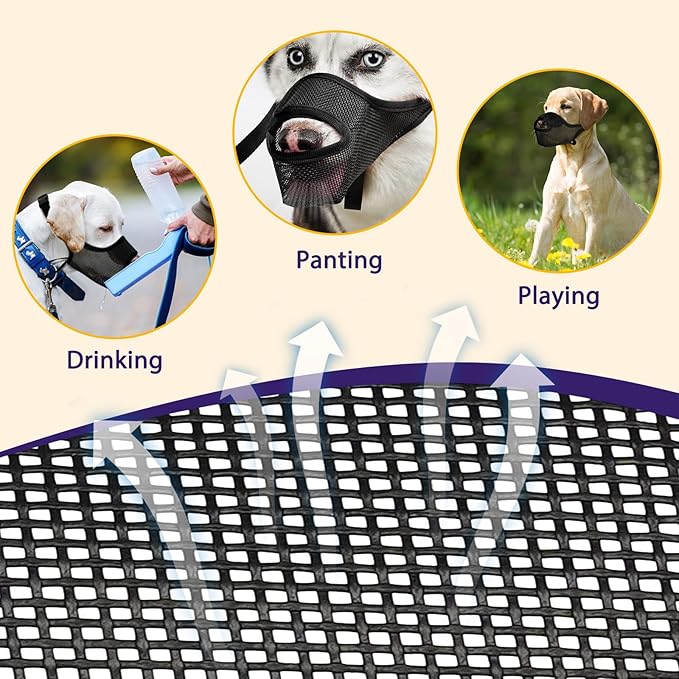 LUCKYPAW Dog Muzzle, Patented Mesh Muzzle for Large Medium Small Dogs Allows Full Pant Drinking Mouth Cover to Prevent Biting Chewing Scavenging Adjustable Breathable Mouth Guard(Black,M)