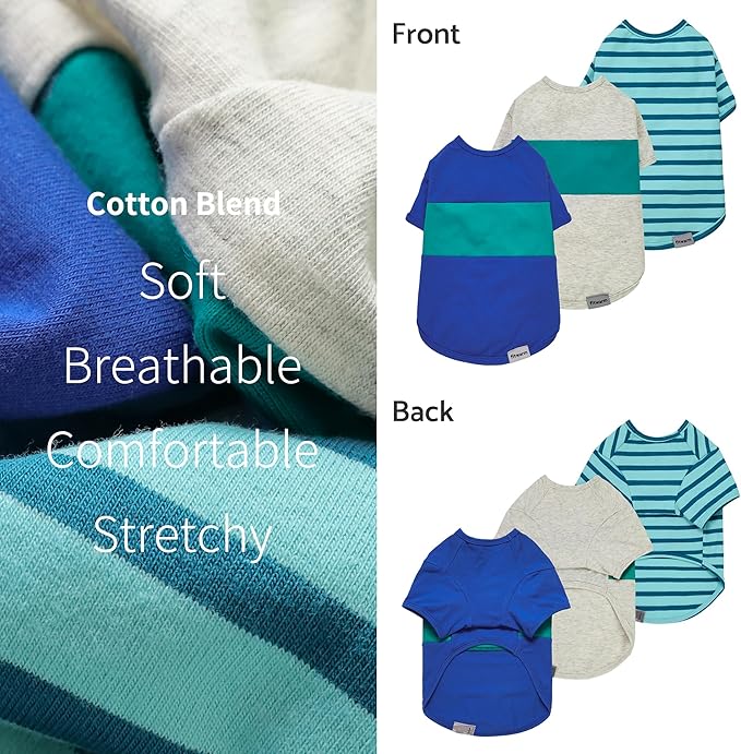 Fitwarm 3 Pack Color Block Striped Dog Shirt, Summer Dog Clothes for Small Dogs, Breathable Lightweight Pet Tshirt with Sleeves, Cat Outfit, Royal Blue, Gray, Teal, Large