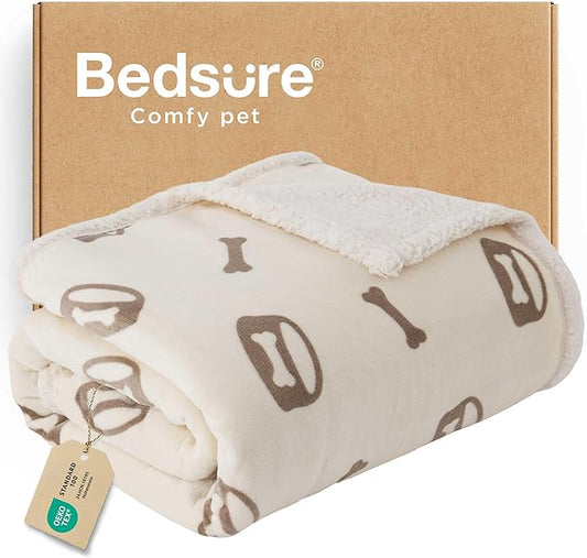Bedsure Waterproof Dog Blankets for Large Dogs - Soft Print Sherpa Fleece Pet Cat Blanket Washable for Couch Protection, Cozy Plush Reversible Throw Furniture Protector, 40"X50", Beige