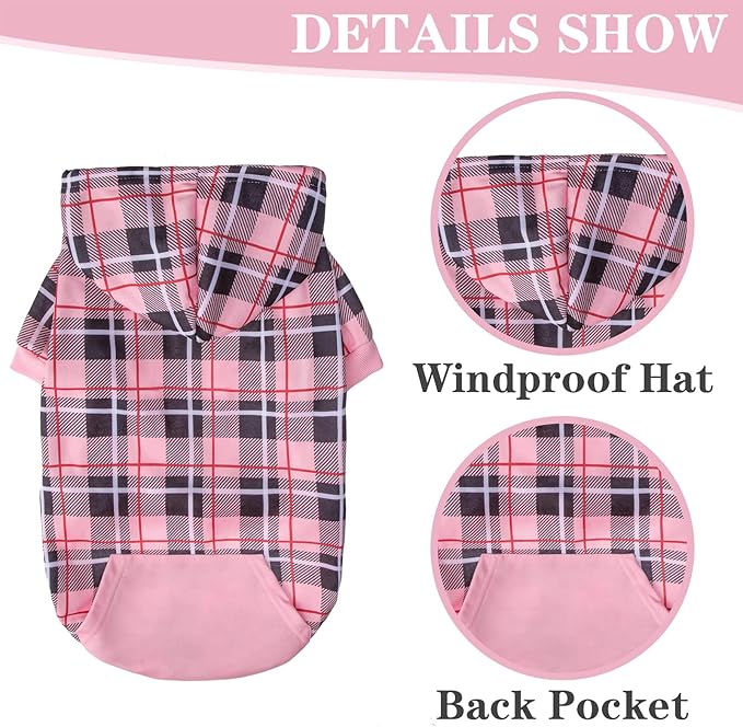 EXPAWLORER Plaid Dog Hoodie - British Style Warm Dog Sweater Shirt with Leash Hole,Pitbull Clothes Outfits,Winter Coat Apparel for All Breeds Puppy Girl Boy-Cat Apparel,Pink S-Medium