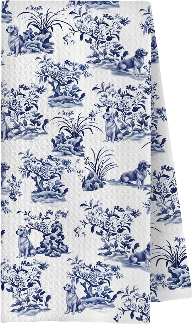 Blue Chinoiserie Golden Retriever Kitchen Towels, Golden Retriever Gifts for Women Dish Tea Towels for Kitchen, Grand Millenial Floral Dog Decorative Hand Towels for Bathroom, 16x24 Inches