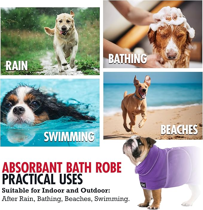 Tuff Pupper Fast Drying Dog Bath Robe | 800 GSM Plush Dog Towel Bathrobe/Dressing Gown | Super Absorbent Pet/Puppy Bathrobe | Adjustable Hood & Belly Strap | Super Soft | Fast Drying (M, Purple)