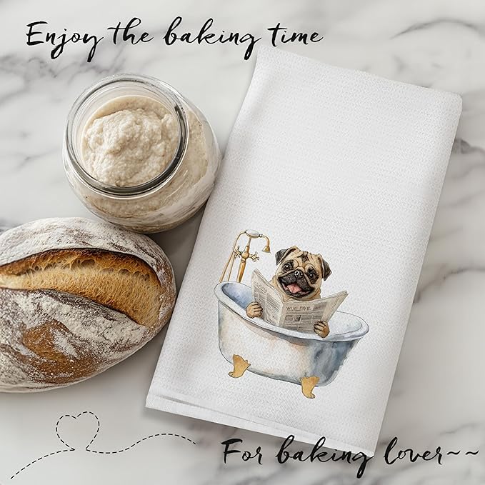 Funny Pug Dog Bathroom Hand Towels, Gifts for Pug Lovers, Funny Bathtub Dog Hand Towels for Bathroom Toilet Washroom Restroom Decor, 16x24 Inch Set of 2