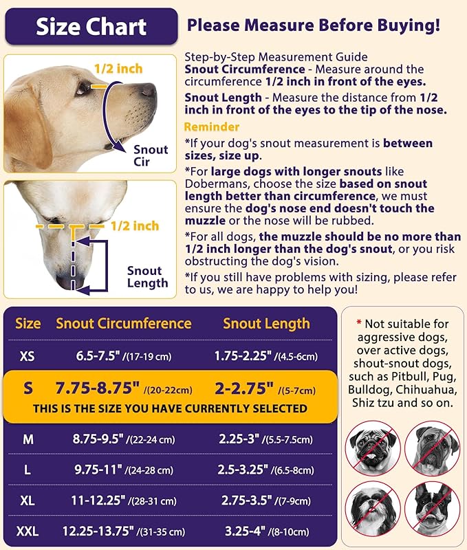 LUCKYPAW Dog Muzzle, Patented Mesh Muzzle for Large Medium Small Dogs Allows Full Pant Drinking Mouth Cover to Prevent Biting Chewing Scavenging Adjustable Breathable Mouth Guard(S, Black)