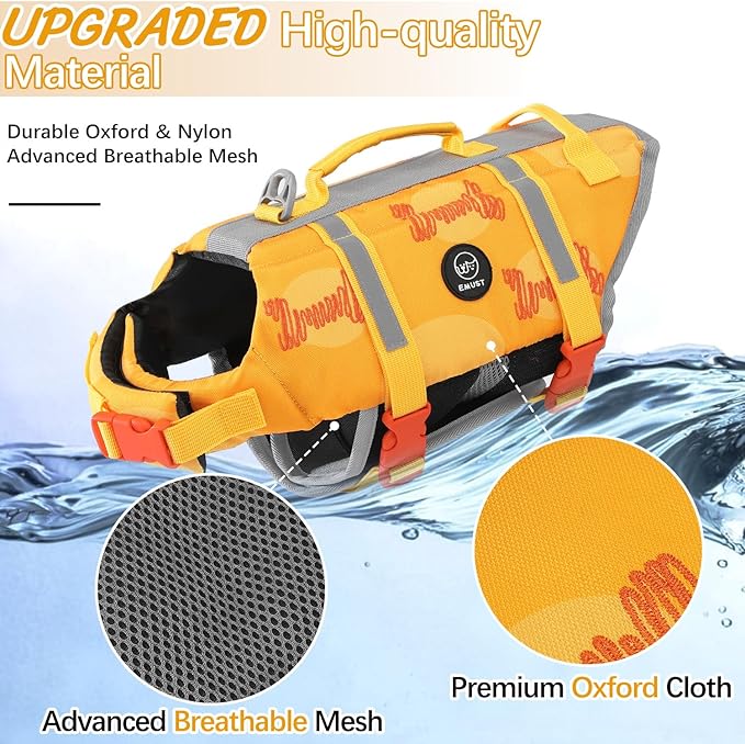 EMUST Dog Life Jacket, Lightweight Dog Life Vests with Rescue Handle for Small Medium and Large Dogs, Pet Safety Swimsuit Preserver for Swimming Pool Beach Boating, 2XL, OrangeBone