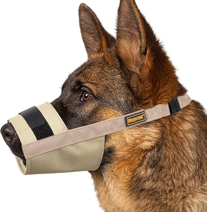 Mayerzon Dog Muzzle for Large Medium Small Dogs, Adjustable Fit, Soft & Sturdy Fabric, Prevents Fierce Barking Biting Chewing, Ideal for Grooming Walking Vet Visits, Allows to Pant Drink (Khaki, L)